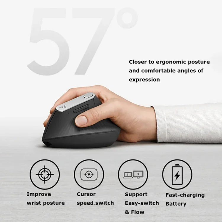 Rato ótico vertical ergonómico sem fios Logitech MX Vertical 4000DPI USB-C / Type-C + Unifying + Bluetooth de três modos, MX Vertical
