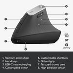 Rato ótico vertical ergonómico sem fios Logitech MX Vertical 4000DPI USB-C / Type-C + Unifying + Bluetooth de três modos, MX Vertical
