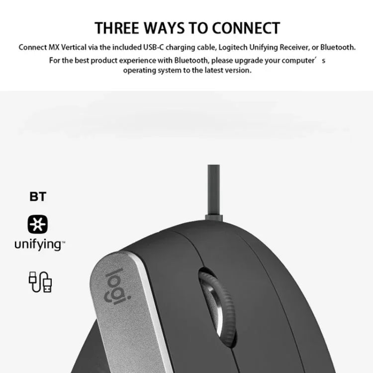 Rato ótico vertical ergonómico sem fios Logitech MX Vertical 4000DPI USB-C / Type-C + Unifying + Bluetooth de três modos, MX Vertical