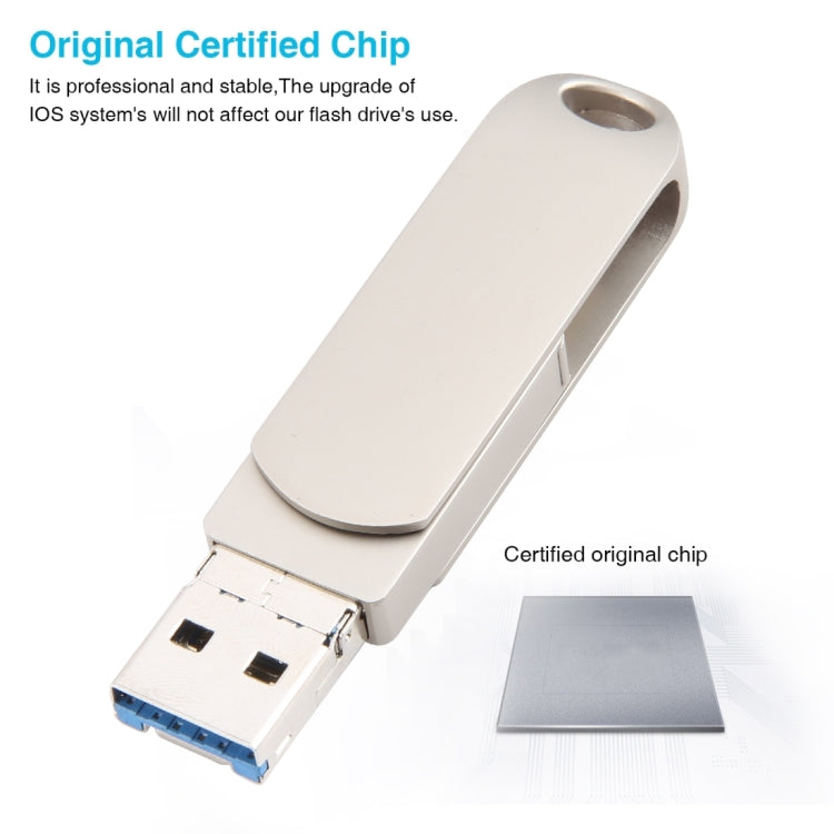 Pen Drive Rotativo Metálico 3 em 1 64G Micro USB + 8 Pinos + Tipo-C com Função OTG, 64G USB + 8 Pinos + Tipo-C