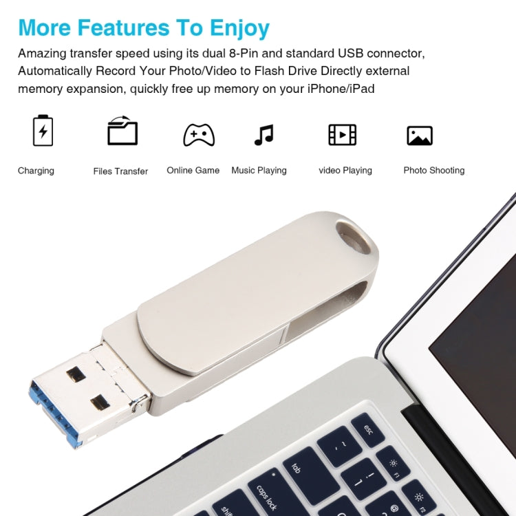 Pen Drive Rotativo Metálico 3 em 1 64G Micro USB + 8 Pinos + Tipo-C com Função OTG, 64G USB + 8 Pinos + Tipo-C