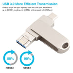 Pen Drive Rotativo Metálico 3 em 1 64G Micro USB + 8 Pinos + Tipo-C com Função OTG, 64G USB + 8 Pinos + Tipo-C