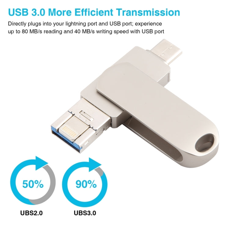 Pen Drive Rotativo Metálico 3 em 1 64G Micro USB + 8 Pinos + Tipo-C com Função OTG, 64G USB + 8 Pinos + Tipo-C