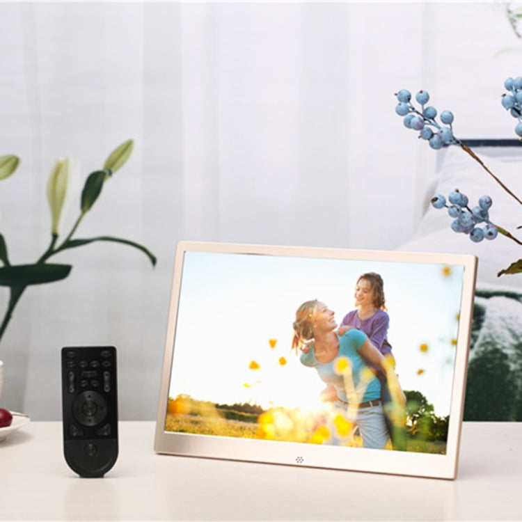 HSD1303 Moldura Digital para Fotos com Ecrã LED 13,3 polegadas 1280x800 de Alta Resolução com Suporte e Controlo Remoto, Suporta Cartão SD / MMC / MS / Porta USB, Ficha UK (Dourado), HSD1303 13,3 polegadas
