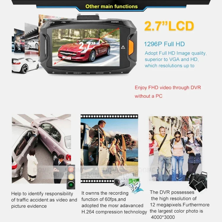 Câmara DVR para Carro GS90C com Ecrã LCD de 2.7 polegadas, HD 2304 x 1296P, Ângulo de Visão de 170 Graus, Suporte para Detecção de Movimento / Cartão TF / Sensor G / HDMI, GS90C