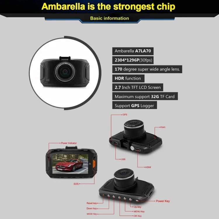 Câmara DVR para Carro GS90C com Ecrã LCD de 2.7 polegadas, HD 2304 x 1296P, Ângulo de Visão de 170 Graus, Suporte para Detecção de Movimento / Cartão TF / Sensor G / HDMI, GS90C