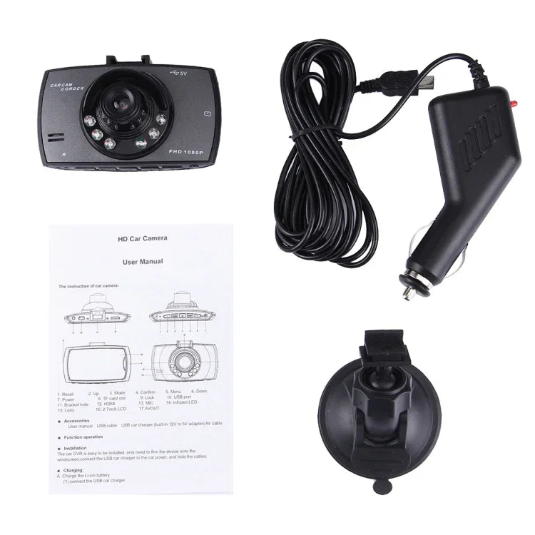 Câmara DVR para Carro com Ecrã LCD de 2.7 polegadas, 480P, Câmara de 1.3MP, Ângulo de Visão de 120 Graus, Suporte para Visão Noturna / Detecção de Movimento / Cartão TF / Sensor G, 2.7 polegadas