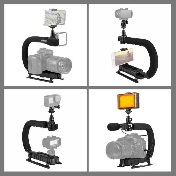 PULUZ Suporte Estabilizador Manual em Forma de U/C para DV + Kit de Luz de Estúdio LED + Microfone Shotgun com Sapata Fria e Cabeça de Tripé para Todas as Câmaras SLR e DV Domésticas, Kits de Suporte + Microfone + LED