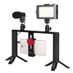 PULUZ Kit 4 em 1 para Vlogging e Transmissão em Direto com Luz LED para Selfie, Suporte de Vídeo para Smartphone com Estabilizador de Punho, Suporte de Alumínio com Microfone + Suporte para Tripé + Cabeça de Tripé Cold Shoe, Kit de Suporte de Alumínio