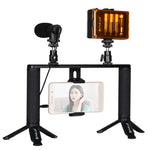 PULUZ Kit 4 em 1 para Vlogging e Transmissão em Direto com Luz LED para Selfie, Suporte de Vídeo para Smartphone com Estabilizador de Punho, Suporte de Alumínio com Microfone + Suporte para Tripé + Cabeça de Tripé Cold Shoe, Kit de Suporte de Alumínio