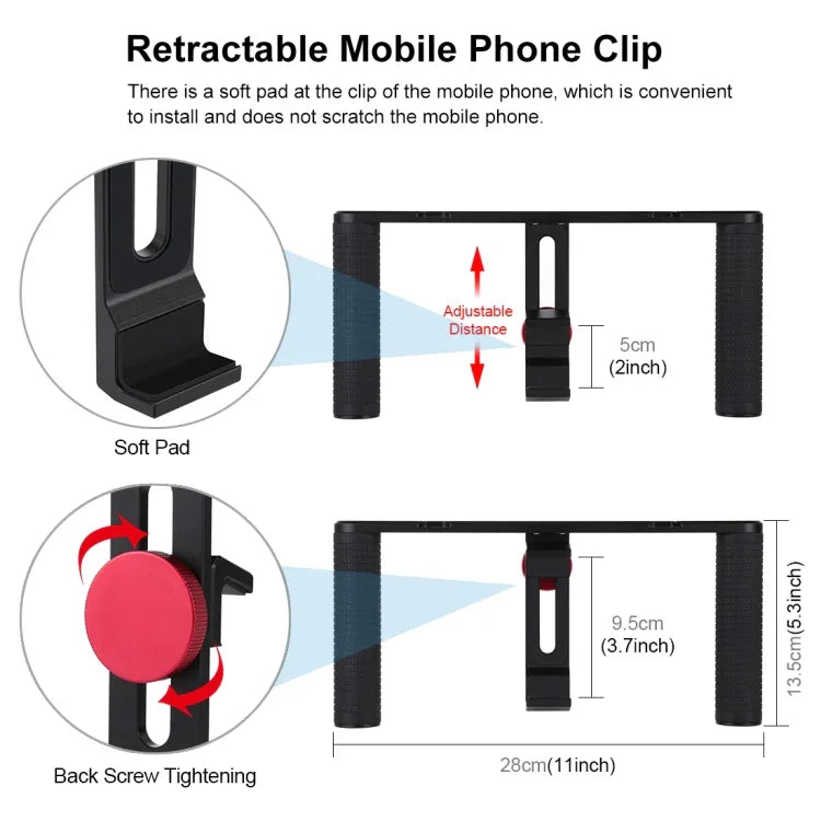 PULUZ Kit 4 em 1 para Vlogging e Transmissão em Direto com Luz LED para Selfie, Suporte de Vídeo para Smartphone com Estabilizador de Punho, Suporte de Alumínio com Microfone + Suporte para Tripé + Cabeça de Tripé Cold Shoe, Kit de Suporte de Alumínio