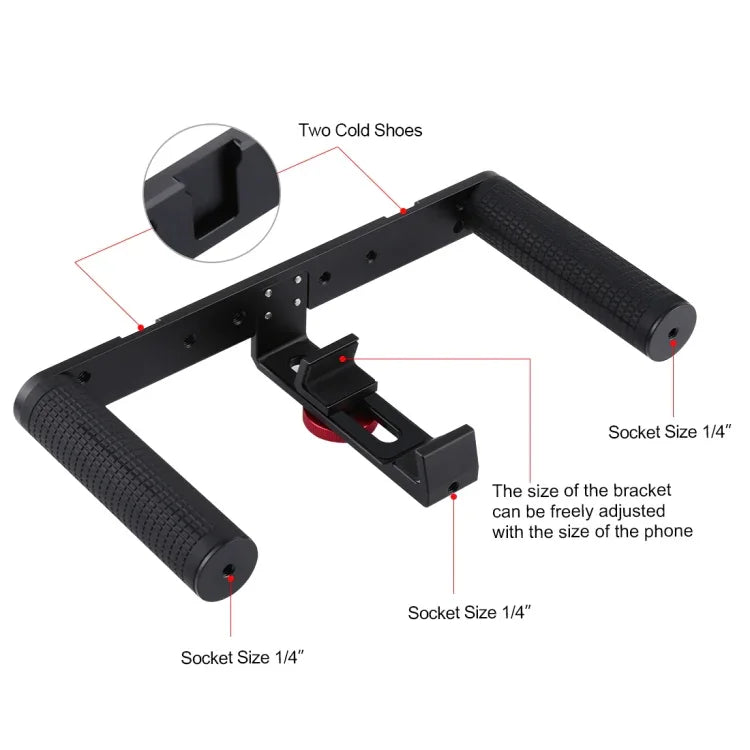 PULUZ Kit 4 em 1 para Vlogging e Transmissão em Direto com Luz LED para Selfie, Suporte de Vídeo para Smartphone com Estabilizador de Punho, Suporte de Alumínio com Microfone + Suporte para Tripé + Cabeça de Tripé Cold Shoe, Kit de Suporte de Alumínio