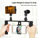 PULUZ Kit 4 em 1 para Vlogging e Transmissão em Direto com Luz LED para Selfie, Suporte de Vídeo para Smartphone com Estabilizador de Punho, Suporte de Alumínio com Microfone + Suporte para Tripé + Cabeça de Tripé Cold Shoe, Kit de Suporte de Alumínio