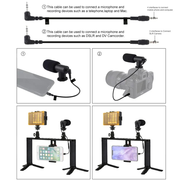 PULUZ Kit 4 em 1 para Vlogging e Transmissão em Direto com Luz LED para Selfie, Suporte de Vídeo para Smartphone com Estabilizador de Punho, Suporte de Alumínio com Microfone + Suporte para Tripé + Cabeça de Tripé Cold Shoe, Kit de Suporte de Alumínio