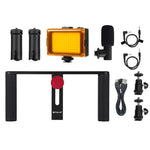 PULUZ Kit 4 em 1 para Vlogging e Transmissão em Direto com Luz LED para Selfie, Suporte de Vídeo para Smartphone com Estabilizador de Punho, Suporte de Alumínio com Microfone + Suporte para Tripé + Cabeça de Tripé Cold Shoe, Kit de Suporte de Alumínio