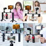 PULUZ Kit 4 em 1 para Vlogging e Transmissão em Direto com Luz LED para Selfie, Suporte de Vídeo para Smartphone com Estabilizador de Punho, Suporte de Alumínio com Microfone + Suporte para Tripé + Cabeça de Tripé Cold Shoe, Kit de Suporte de Alumínio