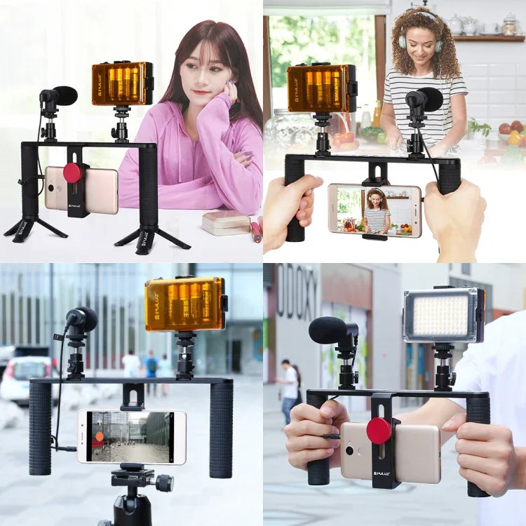 PULUZ Kit 4 em 1 para Vlogging e Transmissão em Direto com Luz LED para Selfie, Suporte de Vídeo para Smartphone com Estabilizador de Punho, Suporte de Alumínio com Microfone + Suporte para Tripé + Cabeça de Tripé Cold Shoe, Kit de Suporte de Alumínio