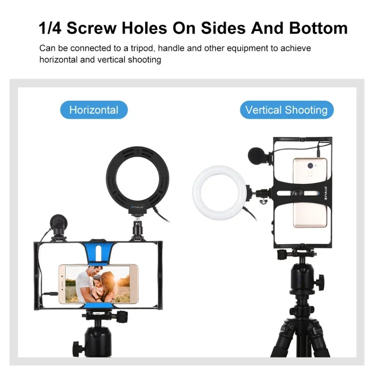 PULUZ 3 in 1 Vlogging Live Broadcast Smartphone Video Rig + Microphone +  4.7 inch 12cm Ring LED Selfie Light Kits with Cold Shoe Tripod Head for iPhone, Galaxy, Huawei, Xiaomi, HTC, LG, Google, and Other Smartphones, 3 in 1 Ring LED
