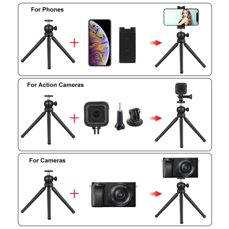 Suporte de Tripé Flexível Mini Polvo PULUZ com Cabeça de Bola & Abraçadeira para Telemóvel + Adaptador de Montagem para Tripé & Parafuso Longo para Câmaras SLR, GoPro, Telemóvel, Tamanho: 25cmx4.5cm, Tripé de 25cm + Abraçadeira para Telemóvel