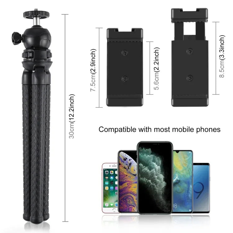 Suporte de Tripé Flexível Mini Polvo PULUZ com Cabeça de Bola & Abraçadeira para Telemóvel + Adaptador de Montagem para Tripé & Parafuso Longo para Câmaras SLR, GoPro, Telemóvel, Tamanho: 30cmx5cm, Tripé de 30cm + Abraçadeira para Telemóvel