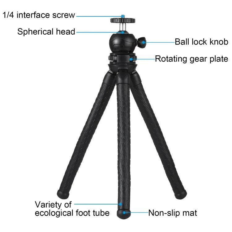 Suporte de Tripé Flexível Mini Polvo PULUZ com Cabeça de Bola & Abraçadeira para Telemóvel + Adaptador de Montagem para Tripé & Parafuso Longo para Câmaras SLR, GoPro, Telemóvel, Tamanho: 30cmx5cm, Tripé de 30cm + Abraçadeira para Telemóvel
