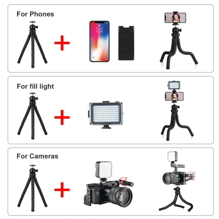 Suporte de Tripé Flexível Mini Polvo PULUZ com Cabeça de Bola & Abraçadeira para Telemóvel + Adaptador de Montagem para Tripé & Parafuso Longo para Câmaras SLR, GoPro, Telemóvel, Tamanho: 30cmx5cm, Tripé de 30cm + Abraçadeira para Telemóvel