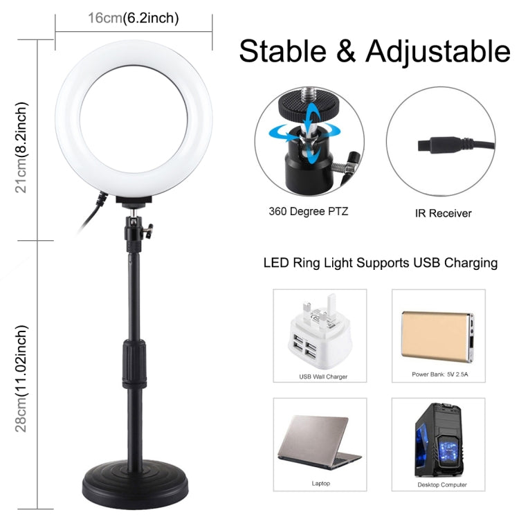 PULUZ Suporte de Secretária com Anel LED RGBW 16cm 6,2 polegadas + Base Redonda, Luzes de Vídeo para Vlogging Fotografia com Tripé Cold Shoe, Cabeça de Bola e Controlo Remoto, Montagem de Secretária + RGBW 6,2 polegadas / Controlo Remoto