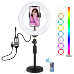 Anel de Luz LED Curvo PULUZ 7,9 polegadas 20cm RGBW com Base Redonda para Secretária, Temperatura de Cor Dupla Regulável, Luzes para Vlogging, Selfie e Fotografia com Suporte para Telemóvel, 7,9 polegadas + Suporte Redondo