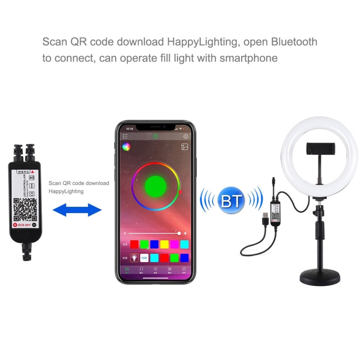 Anel de Luz LED Curvo PULUZ 7,9 polegadas 20cm RGBW com Base Redonda para Secretária, Temperatura de Cor Dupla Regulável, Luzes para Vlogging, Selfie e Fotografia com Suporte para Telemóvel, 7,9 polegadas + Suporte Redondo