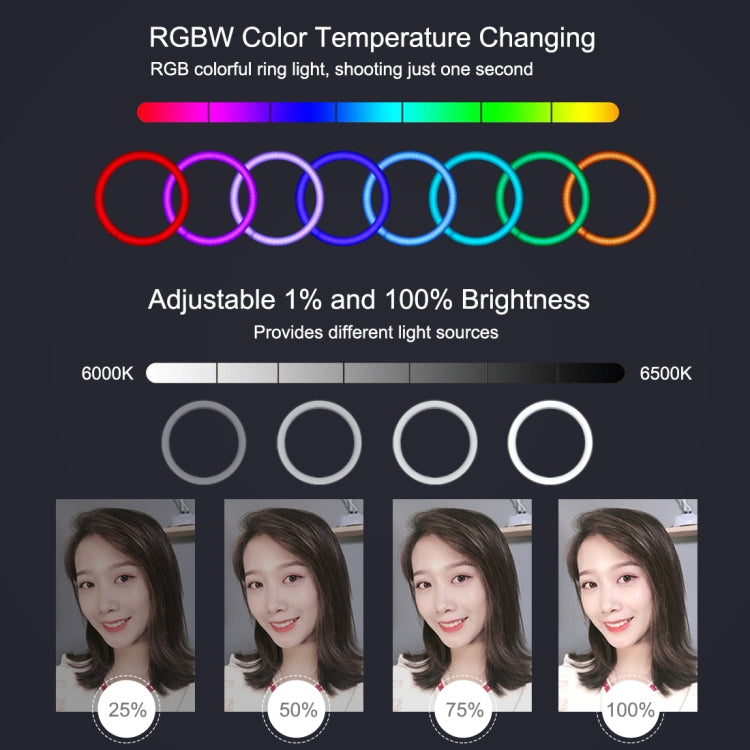 Anel de Luz LED Curvo PULUZ 7,9 polegadas 20cm RGBW com Base Redonda para Secretária, Temperatura de Cor Dupla Regulável, Luzes para Vlogging, Selfie e Fotografia com Suporte para Telemóvel, 7,9 polegadas + Suporte Redondo