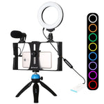 PULUZ Kit 4 em 1 para Vlogging e Transmissão em Direto com Suporte de Vídeo para Smartphone + Luz LED Anelar RGBW de 4,7 polegadas 12 cm para Selfie + Microfone + Suporte de Tripé de Bolso com Cabeça de Tripé Cold Shoe, 4 em 1, Luz LED Anelar RGBW 4 em 1