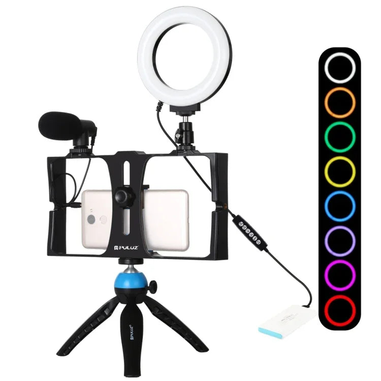 PULUZ Kit 4 em 1 para Vlogging e Transmissão em Direto com Suporte de Vídeo para Smartphone + Luz LED Anelar RGBW de 4,7 polegadas 12 cm para Selfie + Microfone + Suporte de Tripé de Bolso com Cabeça de Tripé Cold Shoe, 4 em 1, Luz LED Anelar RGBW 4 em 1