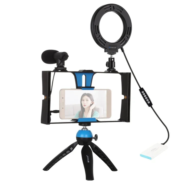 PULUZ Kit 4 em 1 para Vlogging e Transmissão em Direto com Suporte de Vídeo para Smartphone + Luz LED Anelar RGBW de 4,7 polegadas 12 cm para Selfie + Microfone + Suporte de Tripé de Bolso com Cabeça de Tripé Cold Shoe, 4 em 1, Luz LED Anelar RGBW 4 em 1