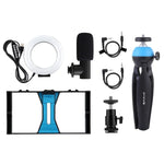PULUZ Kit 4 em 1 para Vlogging e Transmissão em Direto com Suporte de Vídeo para Smartphone + Luz LED Anelar RGBW de 4,7 polegadas 12 cm para Selfie + Microfone + Suporte de Tripé de Bolso com Cabeça de Tripé Cold Shoe, 4 em 1, Luz LED Anelar RGBW 4 em 1
