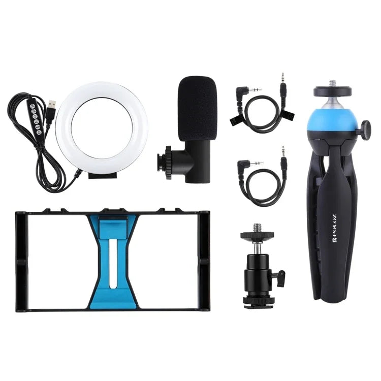 PULUZ Kit 4 em 1 para Vlogging e Transmissão em Direto com Suporte de Vídeo para Smartphone + Luz LED Anelar RGBW de 4,7 polegadas 12 cm para Selfie + Microfone + Suporte de Tripé de Bolso com Cabeça de Tripé Cold Shoe, 4 em 1, Luz LED Anelar RGBW 4 em 1