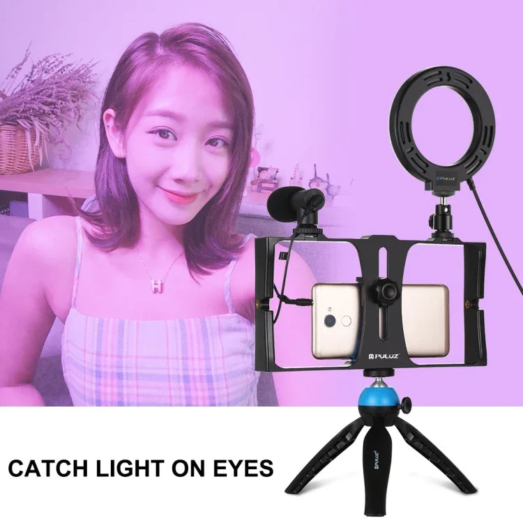 PULUZ Kit 4 em 1 para Vlogging e Transmissão em Direto com Suporte de Vídeo para Smartphone + Luz LED Anelar RGBW de 4,7 polegadas 12 cm para Selfie + Microfone + Suporte de Tripé de Bolso com Cabeça de Tripé Cold Shoe, 4 em 1, Luz LED Anelar RGBW 4 em 1