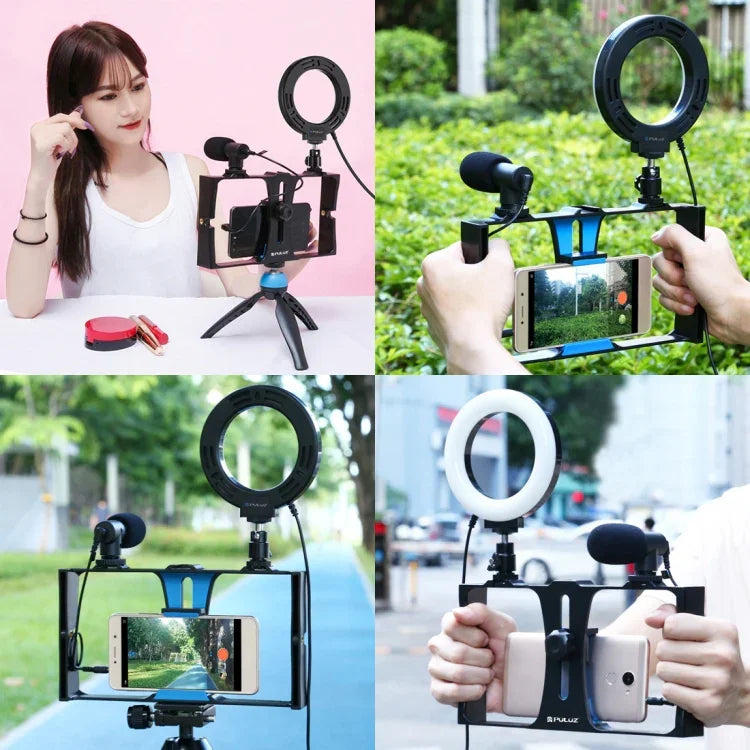 PULUZ Kit 4 em 1 para Vlogging e Transmissão em Direto com Suporte de Vídeo para Smartphone + Luz LED Anelar RGBW de 4,7 polegadas 12 cm para Selfie + Microfone + Suporte de Tripé de Bolso com Cabeça de Tripé Cold Shoe, 4 em 1, Luz LED Anelar RGBW 4 em 1