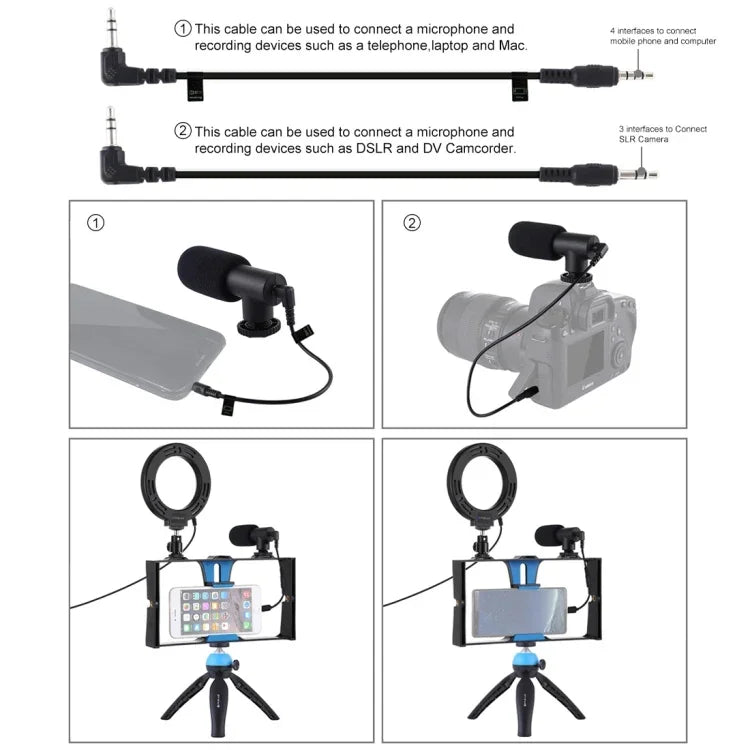 PULUZ Kit 4 em 1 para Vlogging e Transmissão em Direto com Suporte de Vídeo para Smartphone + Luz LED Anelar RGBW de 4,7 polegadas 12 cm para Selfie + Microfone + Suporte de Tripé de Bolso com Cabeça de Tripé Cold Shoe, 4 em 1, Luz LED Anelar RGBW 4 em 1