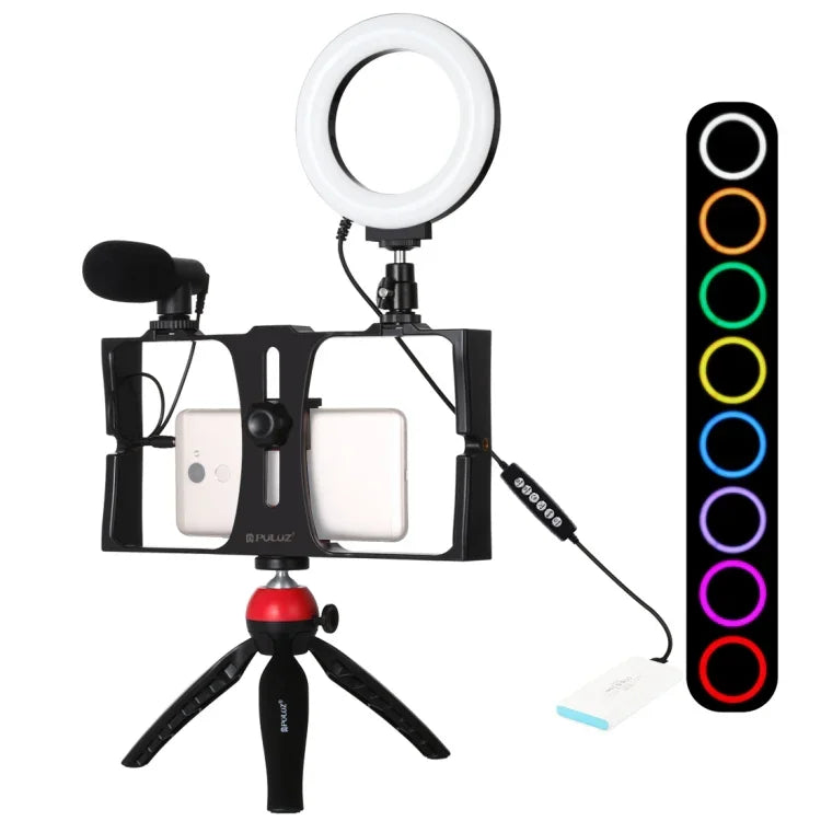 PULUZ Kit 4 em 1 para Vlogging e Transmissão em Direto com Suporte de Vídeo para Smartphone + Luz LED Anelar RGBW de 4,7 polegadas 12 cm para Selfie + Microfone + Suporte de Tripé de Bolso com Cabeça de Tripé Cold Shoe, 4 em 1, Luz LED Anelar RGBW 4 em 1