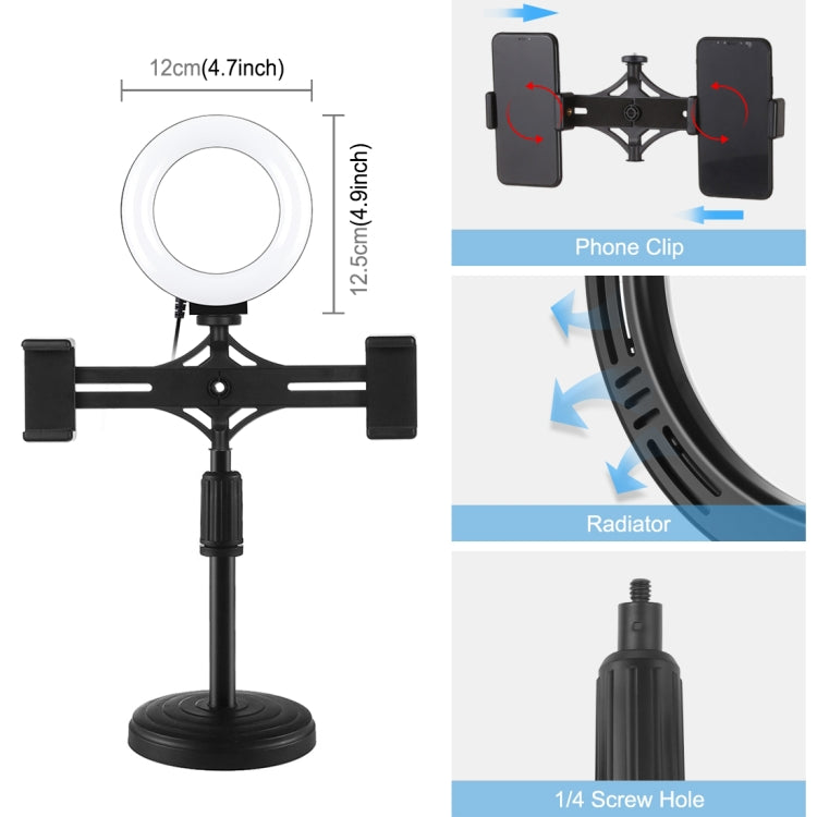 PULUZ Kit de Luz de Anel de 12cm (4,7 polegadas) com Suportes Horizontais Duplos para Telemóvel, Suporte de Secretária para Vídeo, Suportes Horizontais de 4,7 polegadas para Secretária