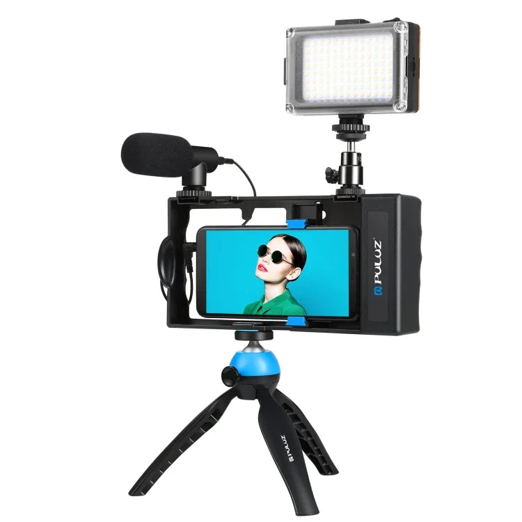 PULUZ Kit 4 em 1 para Vlogging com Bluetooth, Luz LED para Selfie, Microfone + Suporte de Tripé + Cabeça de Tripé Cold Shoe para iPhone, Galaxy, Huawei, Xiaomi, HTC, LG, Google e Outros Smartphones, Kit Bluetooth 4 em 1