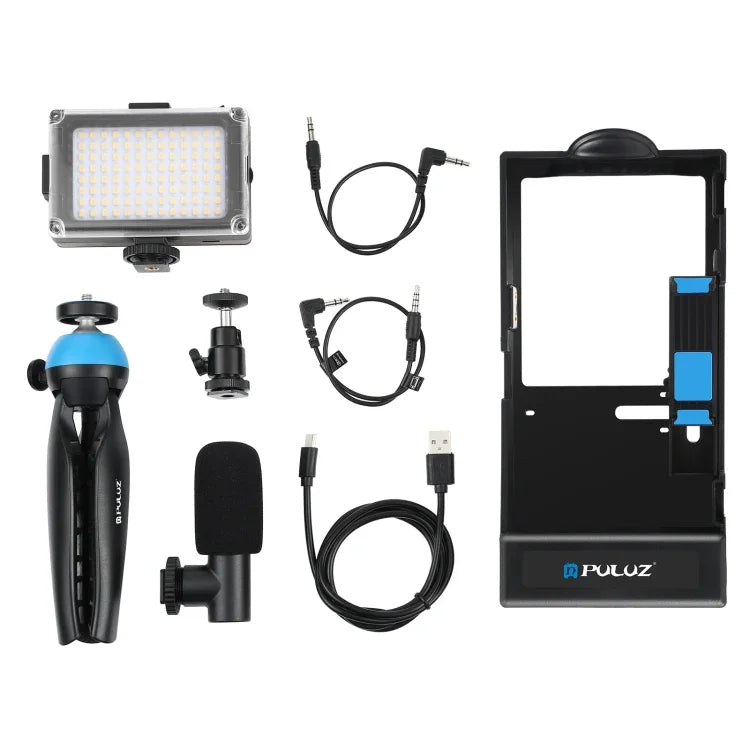 PULUZ Kit 4 em 1 para Vlogging com Bluetooth, Luz LED para Selfie, Microfone + Suporte de Tripé + Cabeça de Tripé Cold Shoe para iPhone, Galaxy, Huawei, Xiaomi, HTC, LG, Google e Outros Smartphones, Kit Bluetooth 4 em 1