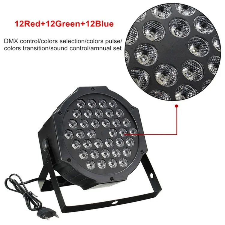 Luz PAR LED DMX512 RGB 36W 36 LEDs com Controlo Remoto, Estroboscópio + Controlo de Som + Autopropulsão, AC 100-240V, RGB com Controlo Remoto