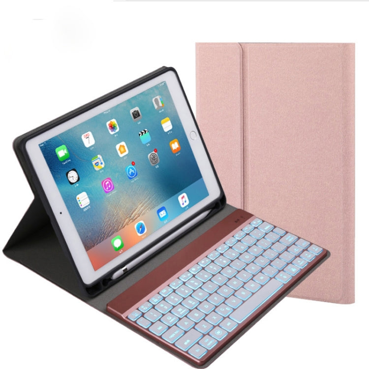 Teclado Bluetooth Destacável 508A + Capa de Couro para Tablet com Flip Horizontal, Suporte e Retroiluminação Colorida para iPad Pro 9.7 polegadas, iPad Air, iPad Air 2, iPad 9.7 polegadas (2017), iPad 9.7 polegadas (2018), 508A Azul, 508A Ouro Champanhe
