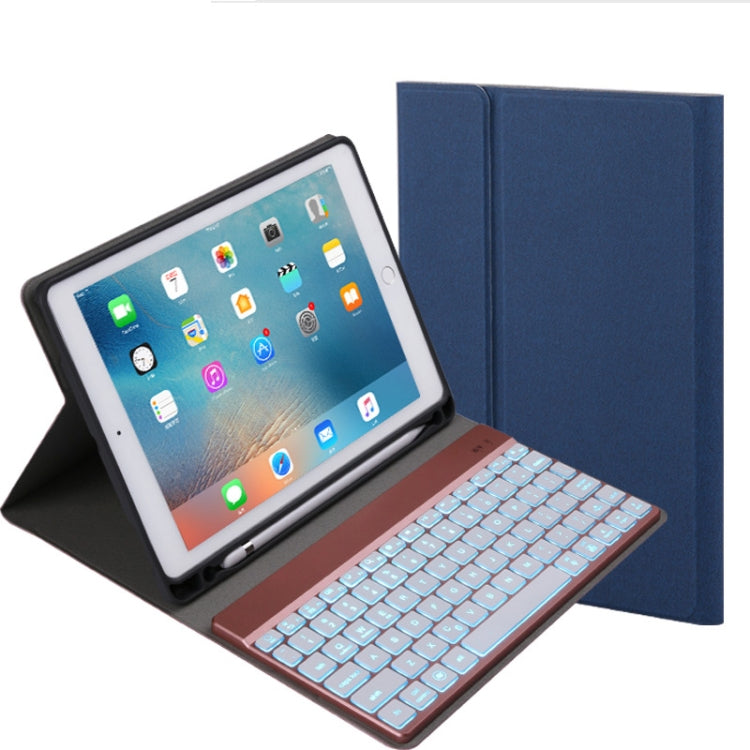 Teclado Bluetooth Destacável 508A + Capa de Couro para Tablet com Flip Horizontal, Suporte e Retroiluminação Colorida para iPad Pro 9.7 polegadas, iPad Air, iPad Air 2, iPad 9.7 polegadas (2017), iPad 9.7 polegadas (2018), 508A Azul, 508A Ouro Champanhe