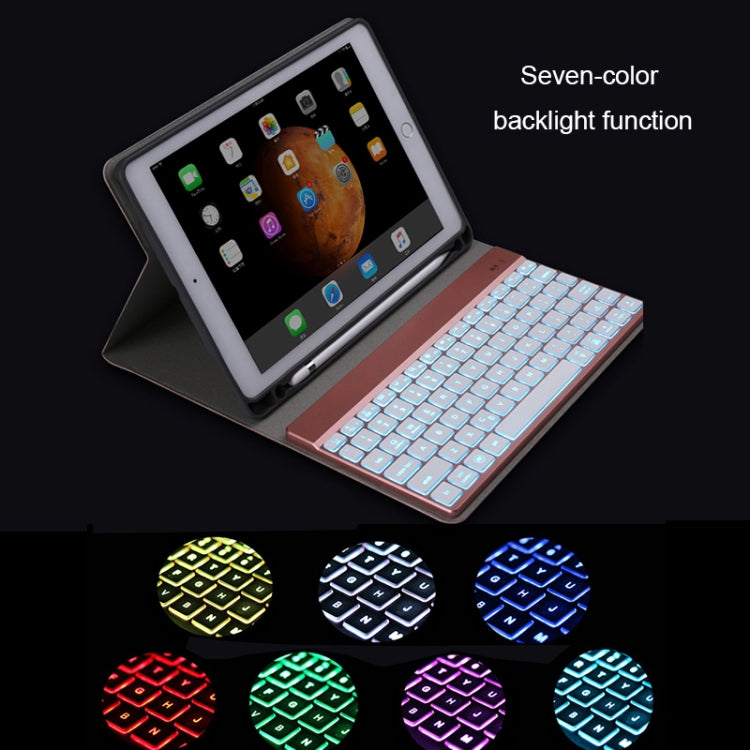 Teclado Bluetooth Destacável 508A + Capa de Couro para Tablet com Flip Horizontal, Suporte e Retroiluminação Colorida para iPad Pro 9.7 polegadas, iPad Air, iPad Air 2, iPad 9.7 polegadas (2017), iPad 9.7 polegadas (2018), 508A Azul, 508A Ouro Champanhe