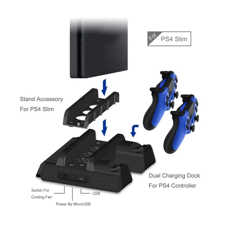Ventoinha de Arrefecimento 3 em 1 DOBE TP4-882 para Consola de Jogos + Slots para Armazenamento de Jogos + Base de Carregamento para Comandos para Sony PS4 / PS4 Pro / PS4 Slim, Para PS4 / PS4 Pro / PS4 Slim