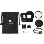 Gaiola Protetora em Liga de Alumínio CNC PULUZ com Estrutura de Segurança e Lente UV 52mm para GoPro HERO(2018) /7 Black /6 /5, Para Estrutura Pull HERO6 /5, Para Estrutura Pull HERO5