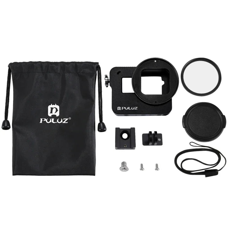 Gaiola Protetora em Liga de Alumínio CNC PULUZ com Estrutura de Segurança e Lente UV 52mm para GoPro HERO(2018) /7 Black /6 /5, Para Estrutura Pull HERO6 /5, Para Estrutura Pull HERO5