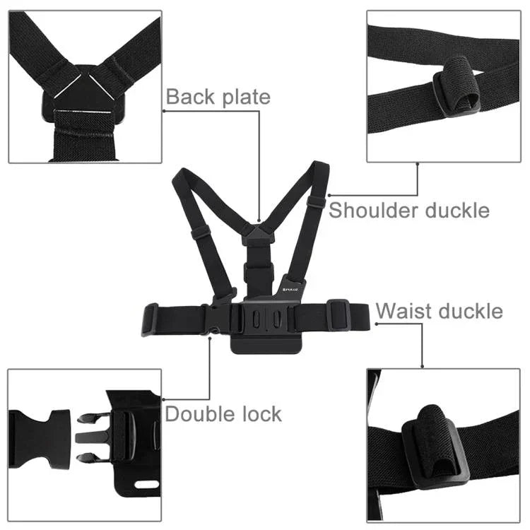 Cinta de Montagem Ajustável para Corpo PULUZ com Suporte em J e Parafuso Longo para GoPro, Insta360, DJI e Outras Câmaras de Ação, Cinta Peitoral